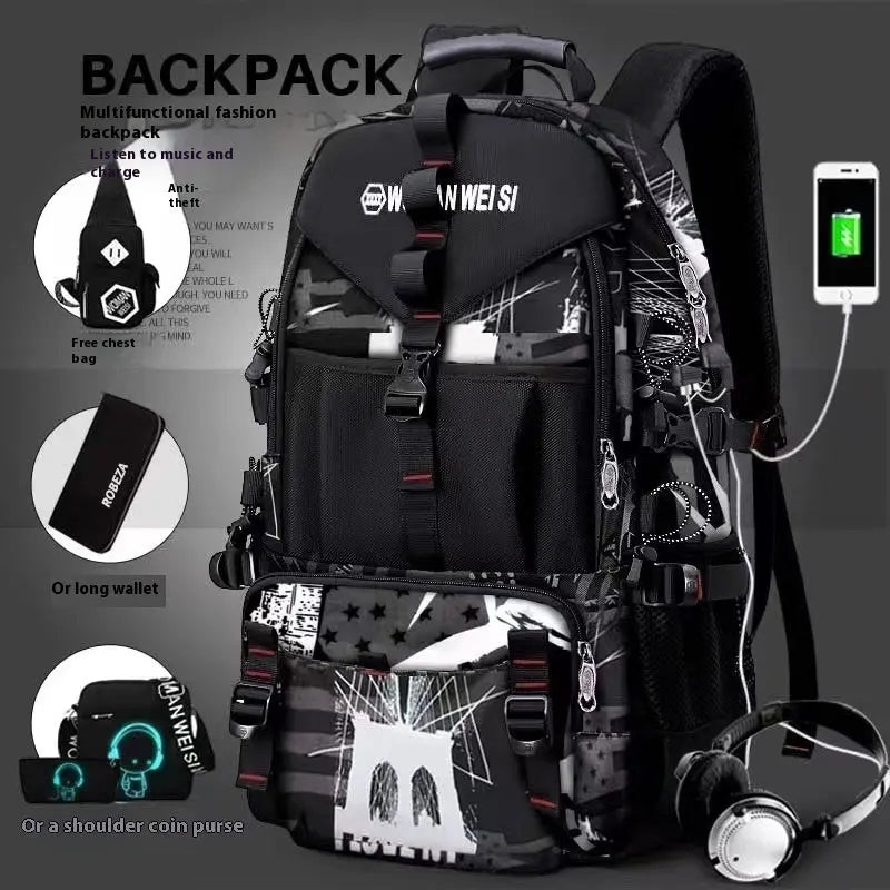 Men's Waterproof Oxford Cloth Backpack Hiking Backpack Culture Code Streetwear