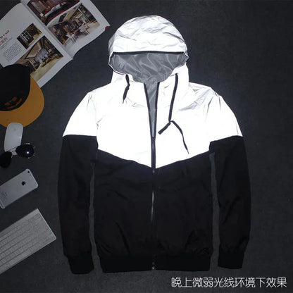 New Streetwear Noctilucent Men Jackets Cycling Clothes Reflective Windbreaker Women Waterproof Jacket Hip Hop Hooded Coat Unisex Culture Code Streetwear